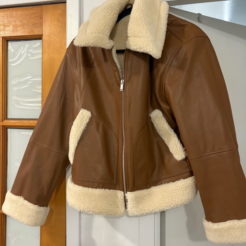 Brown Leather Jacket with Cream Faux Shearling